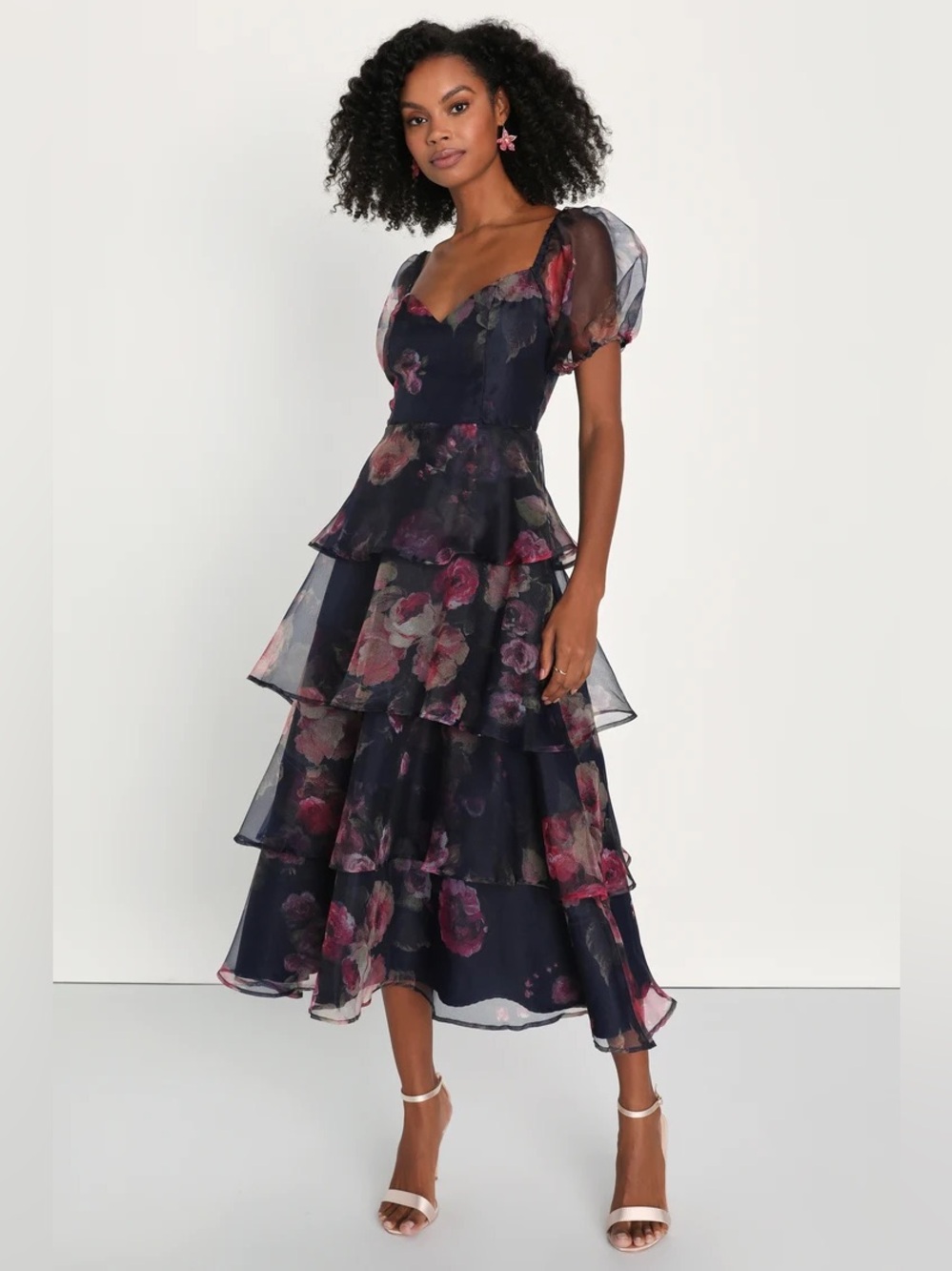 Lulus Oh-So Stunning Navy Blue Floral Organza Tiered Midi Dress Size M NWT